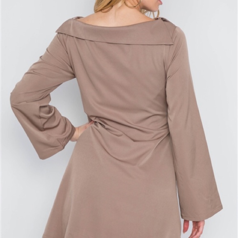 Mocha straight neck solid tie dress - Picture 2 of 3